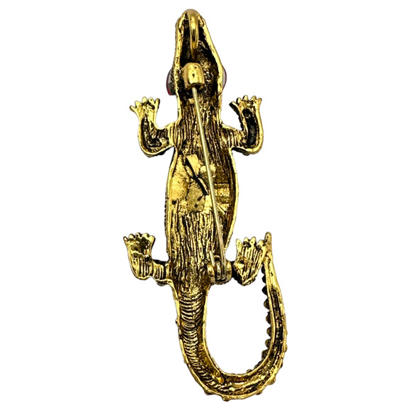 Crocodile Reptile Pin Brooch Pendant, Gold-tone, Rhinestone Crystals, Gift Bag - Picture 4 of 7